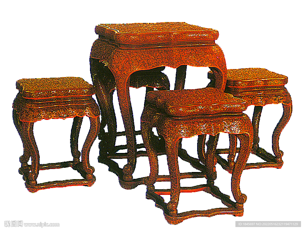 清中晚期扬州剔红茶桌凳一堂