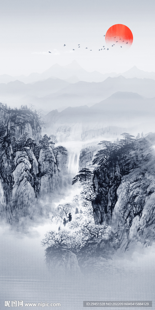高雅山水画玄关墙 TIF分层