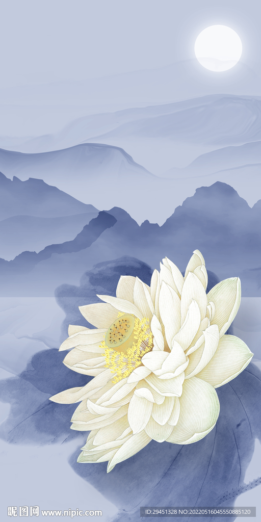 荷花 山水画玄关墙 TIF分层