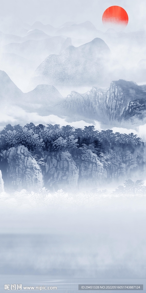 蓝色山水画玄关墙 TIF分层