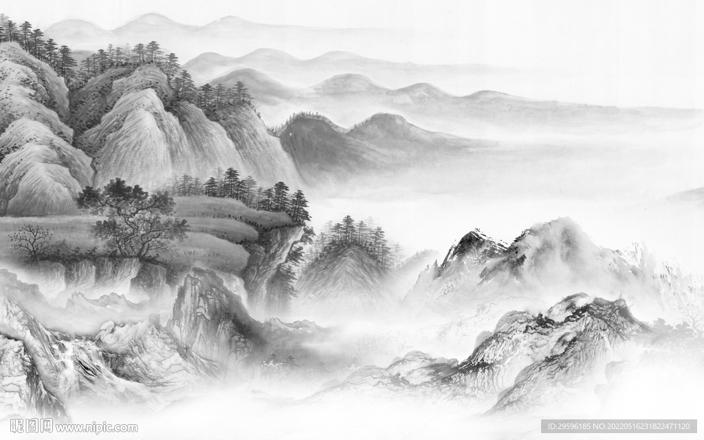 现代山水画灰色图tif分层图片