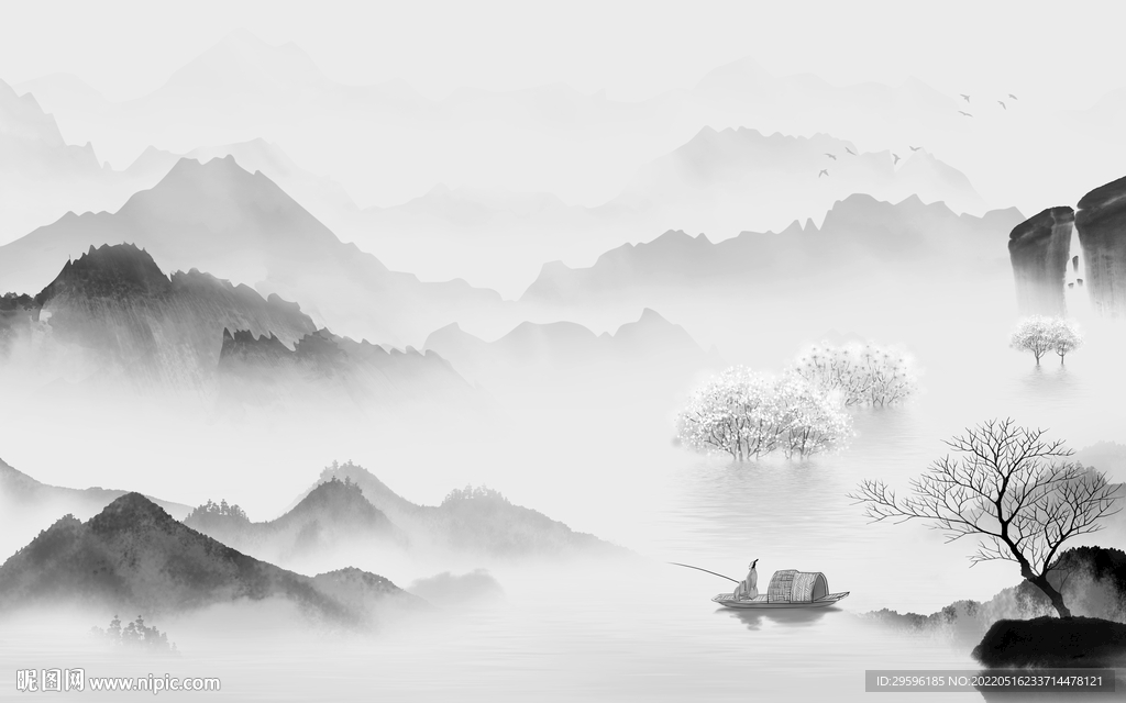 爆款灰色山水框画 TIF分层