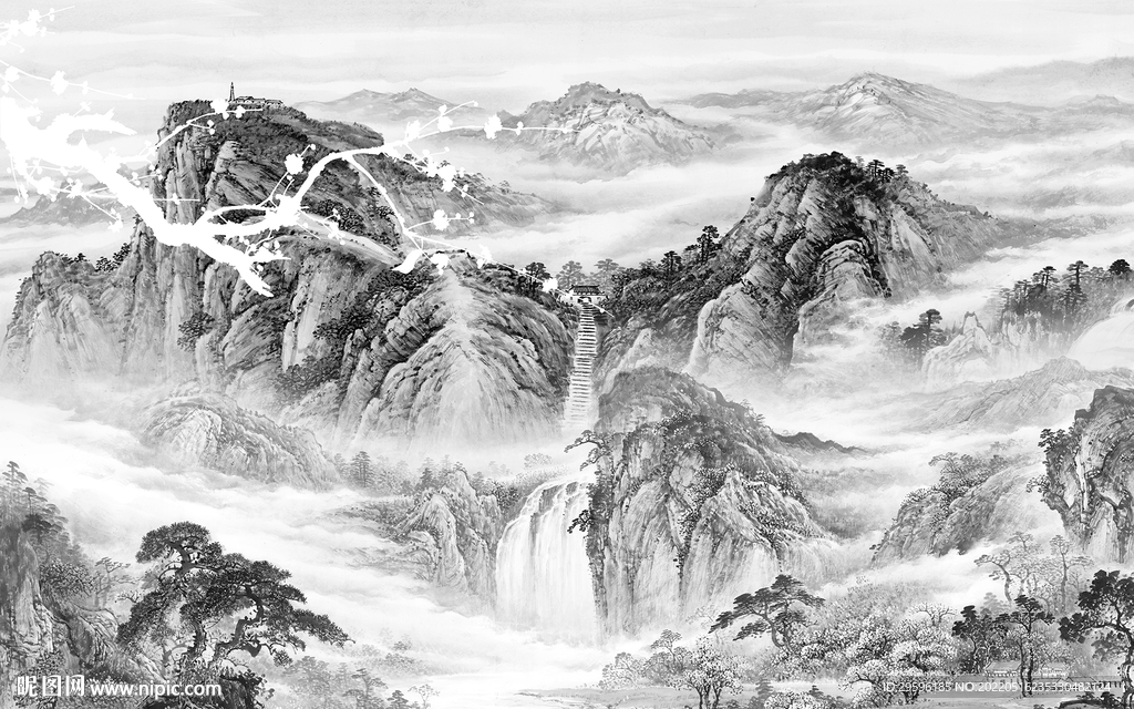 客厅 灰色山水框画 TIF分层