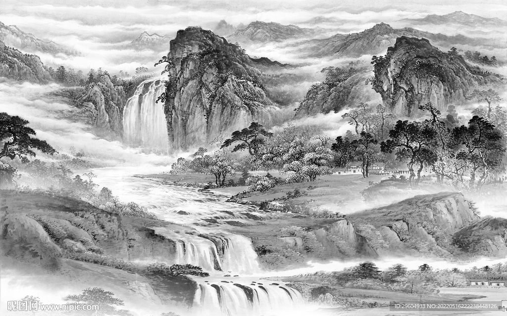 中国风灰色高清山水 tif分层