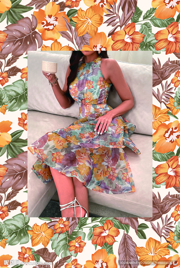 数码印花花朵叶子橘色大花碎花