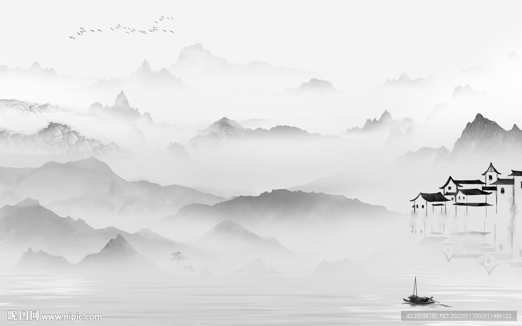 江南意境山水墙画 TIF分层