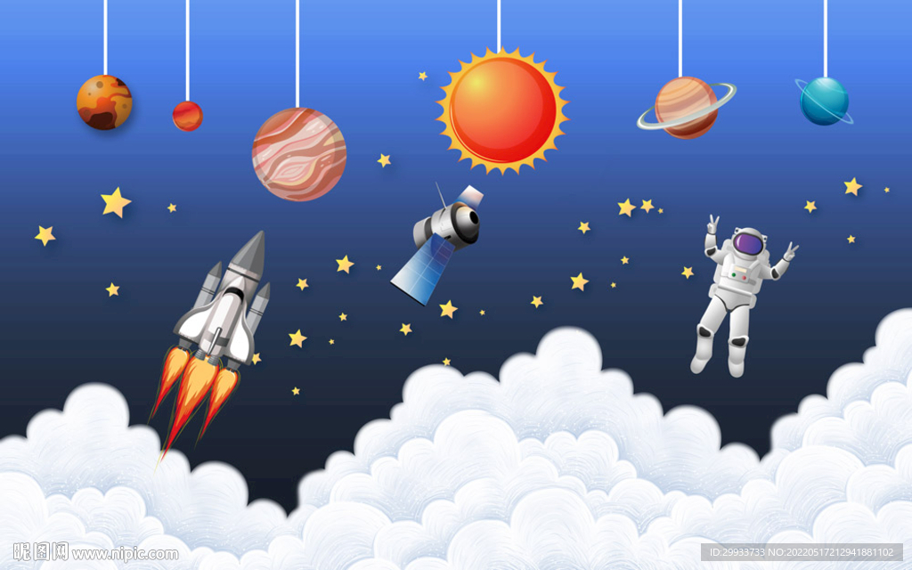 卡通宇宙太空人儿童房背景墙