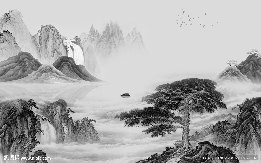 新品 高档灰色山水 tif分层