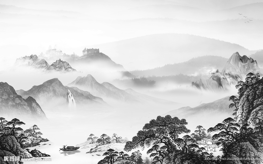 人气高档灰色山水 tif分层