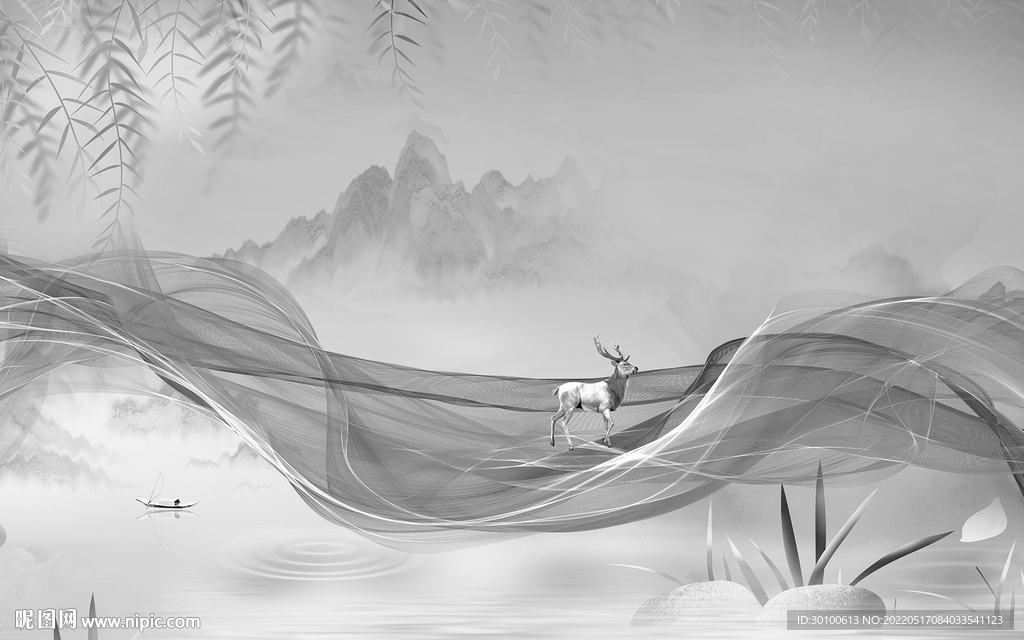 中式高档灰色山水 tif分层