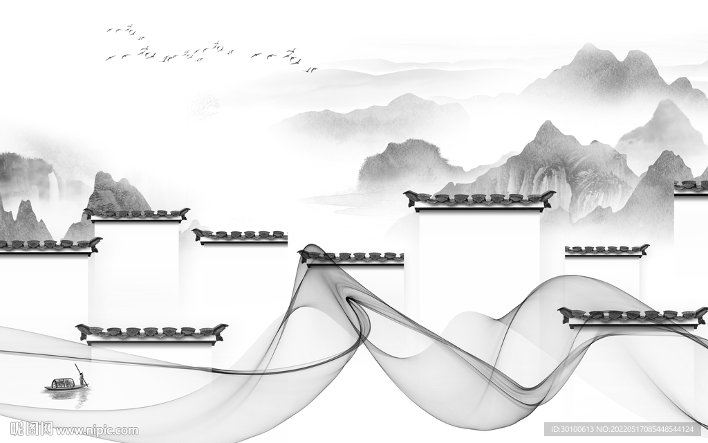 徽派 客厅灰山水画 tif分层