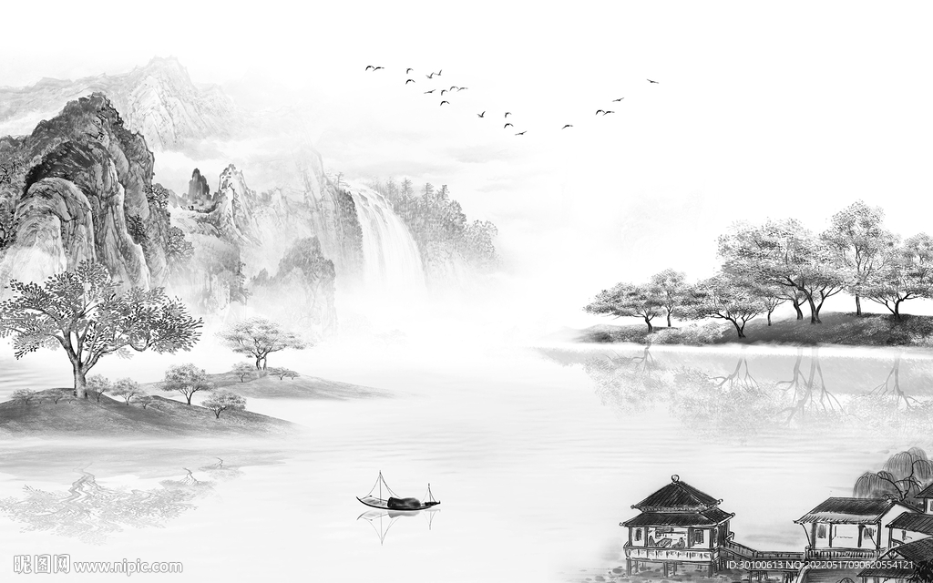 别墅客厅灰山水画 tif分层