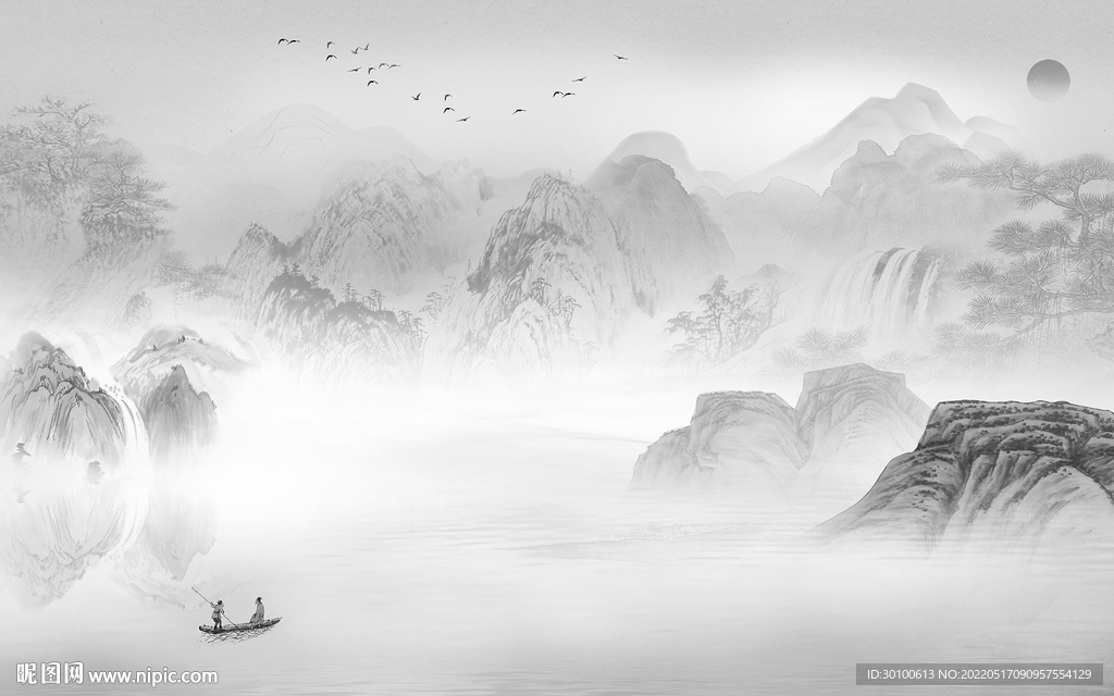 爆款 客厅灰山水画 tif分层