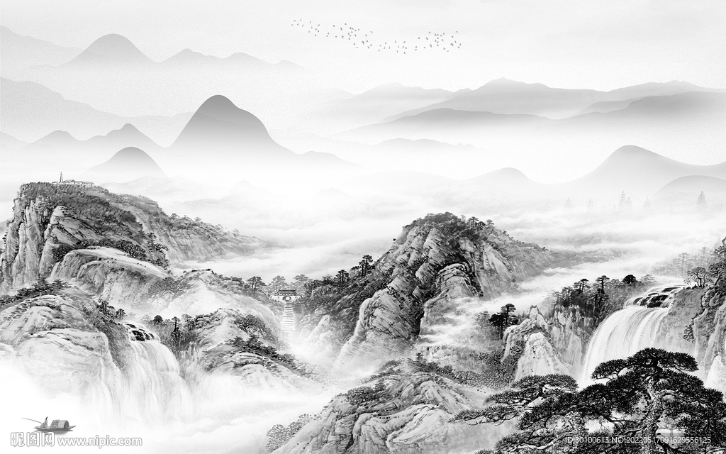 大卖 客厅灰山水画 tif分层