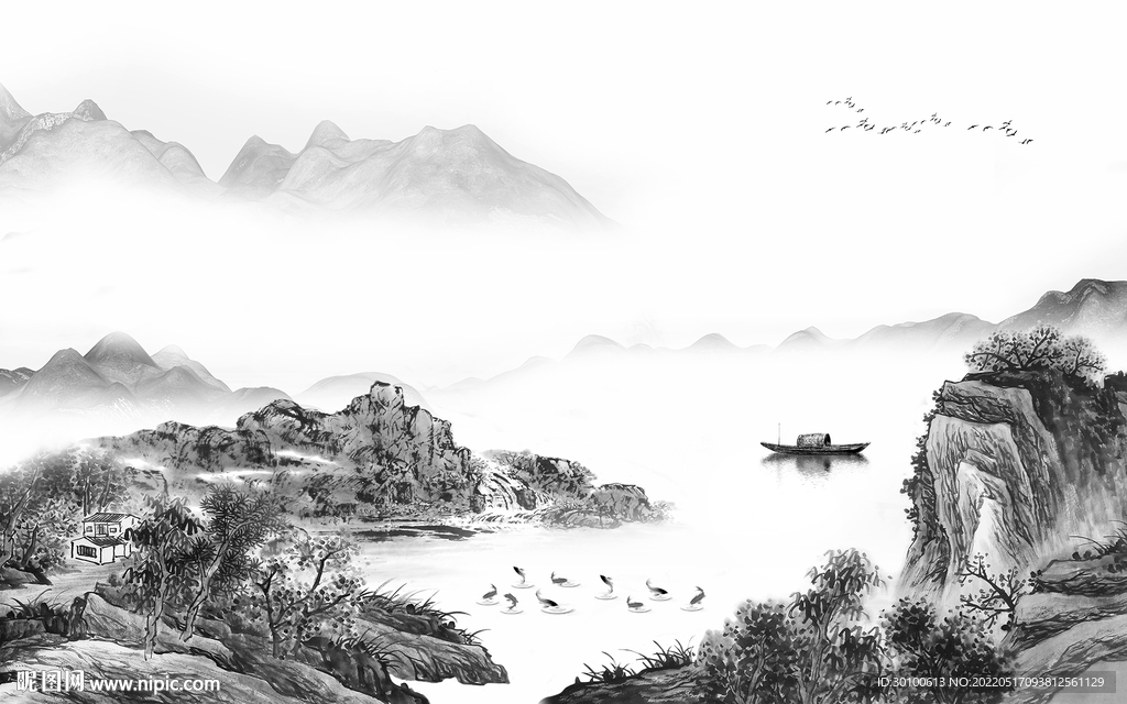 中式客厅灰山水画 tif分层