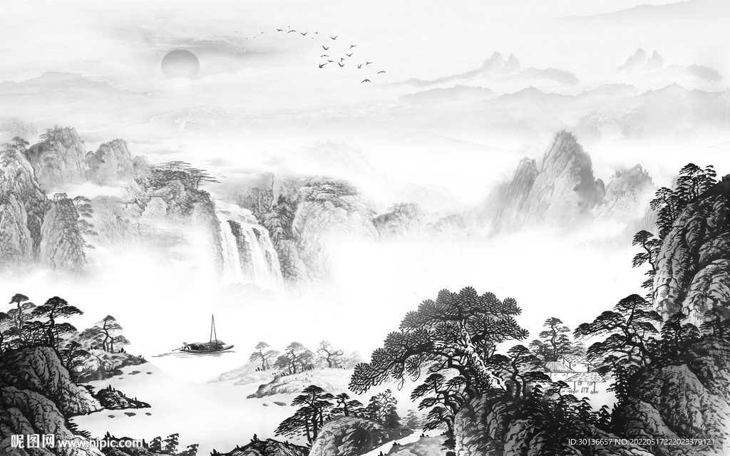 新中式客厅画山水图 tif分层