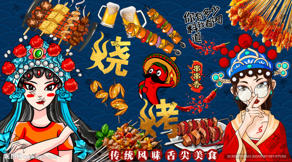 国潮烧烤撸串背景墙