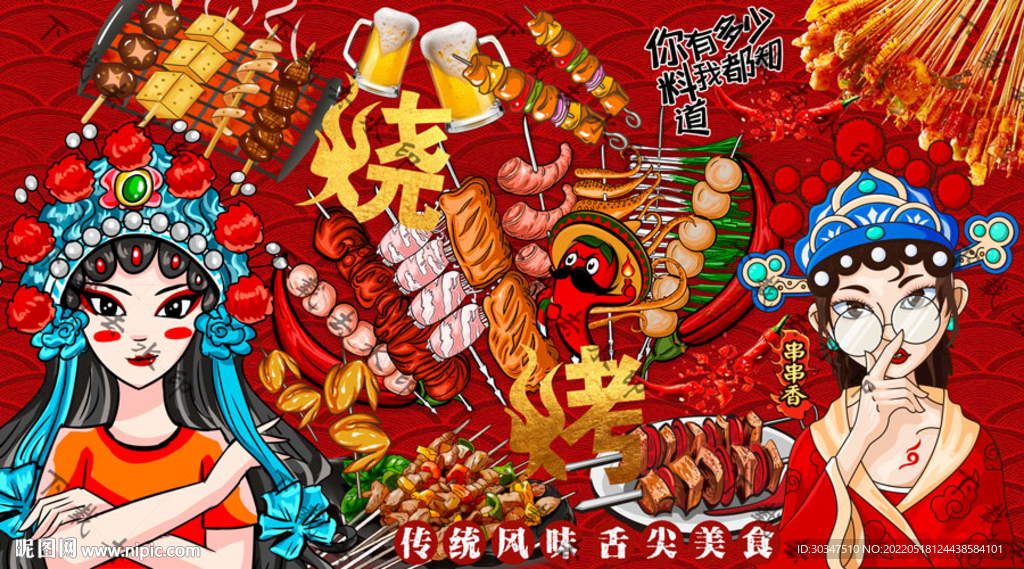 国潮串串香烧烤背景墙