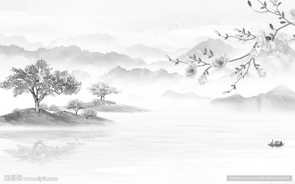 爆款中式灰色山水 TIF分层