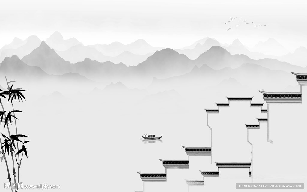 背景墙风景灰色山水 TIF分层