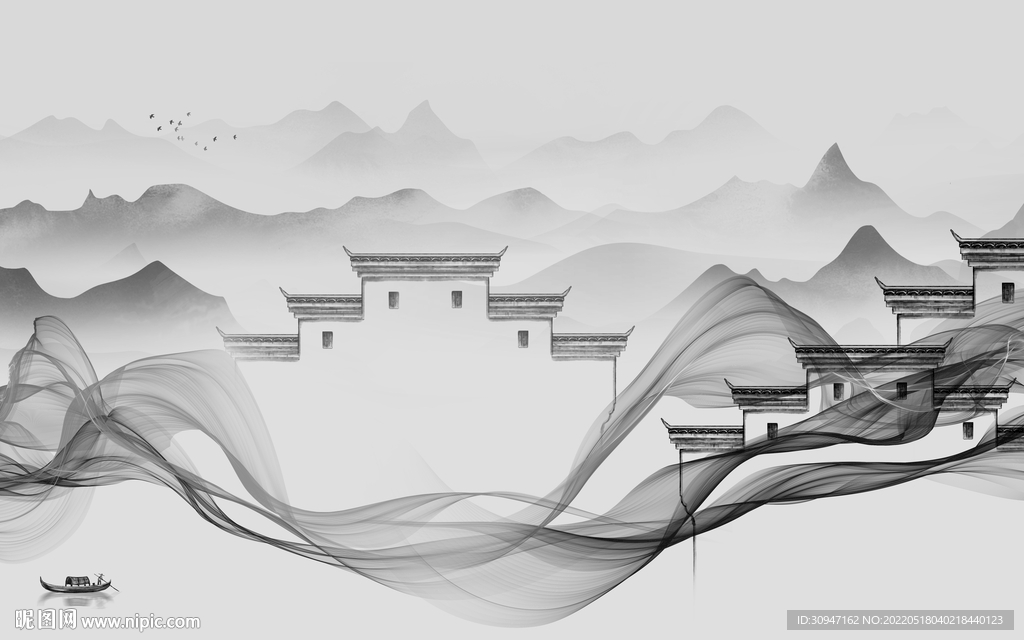 徽派风景灰色山水 TIF分层