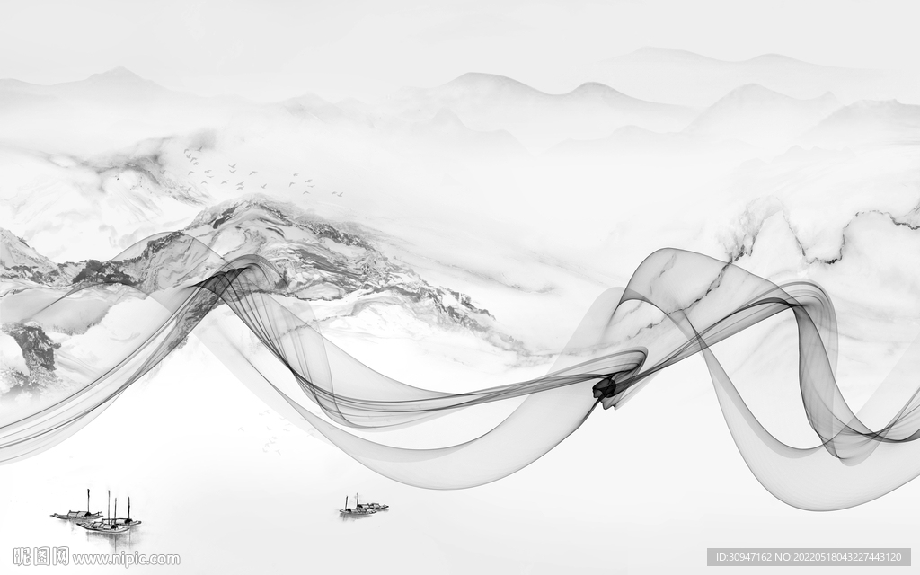 线条客厅灰山水画 TIF分层