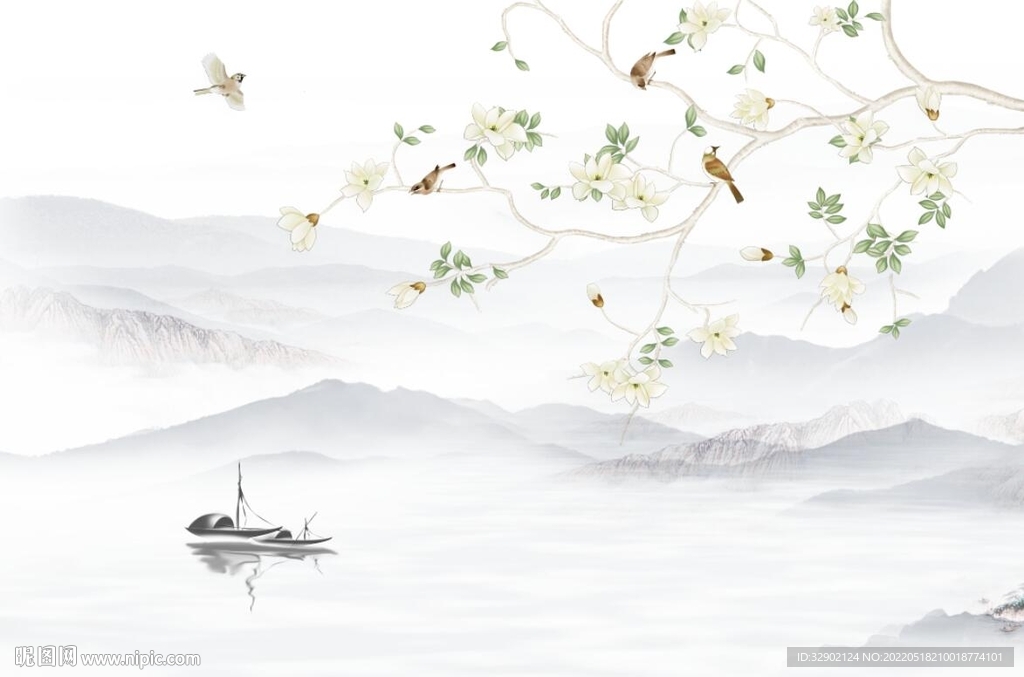 中式工笔花鸟背景墙