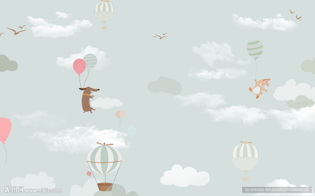 卡通动物蓝天白云气球背景壁画