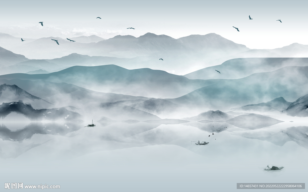 工笔画模板复古山水花画船山鸟