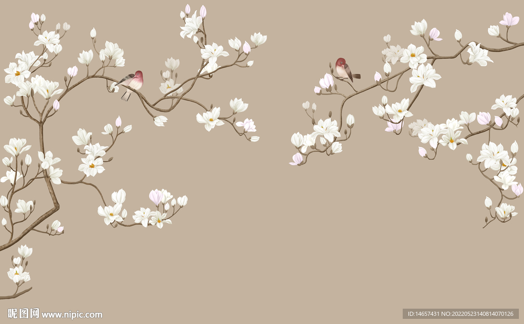 工笔画模板复古鸟桃花画古装鸟笼