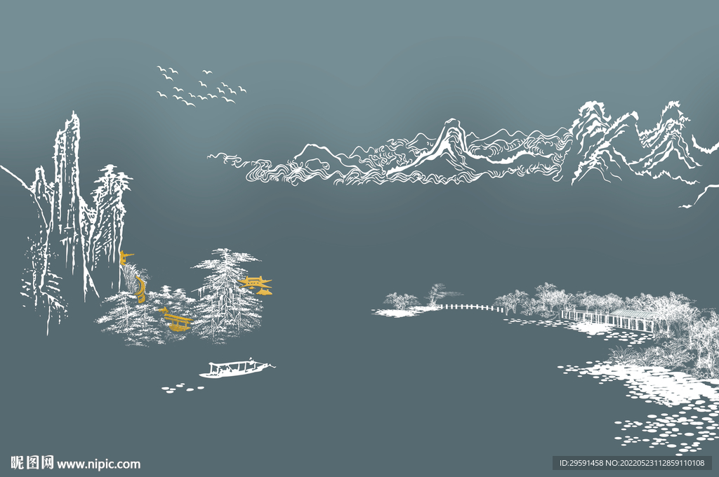 手绘线条山水画背景墙