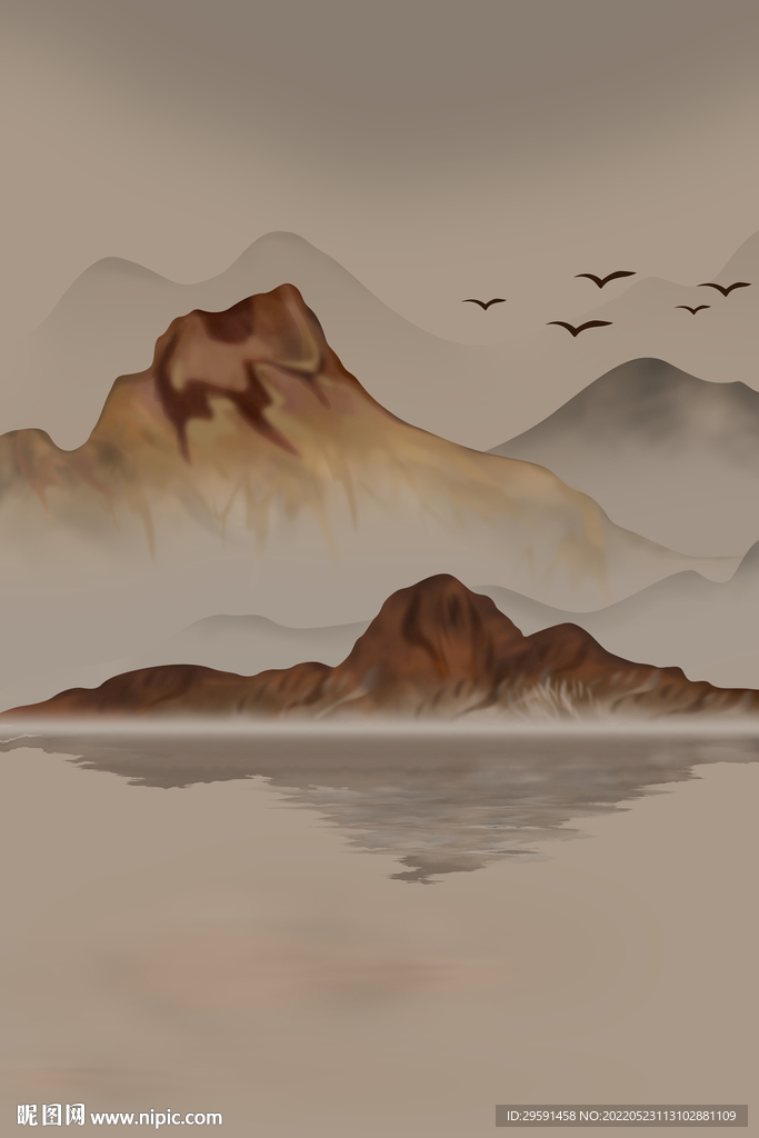 手绘山水画玄关背景墙