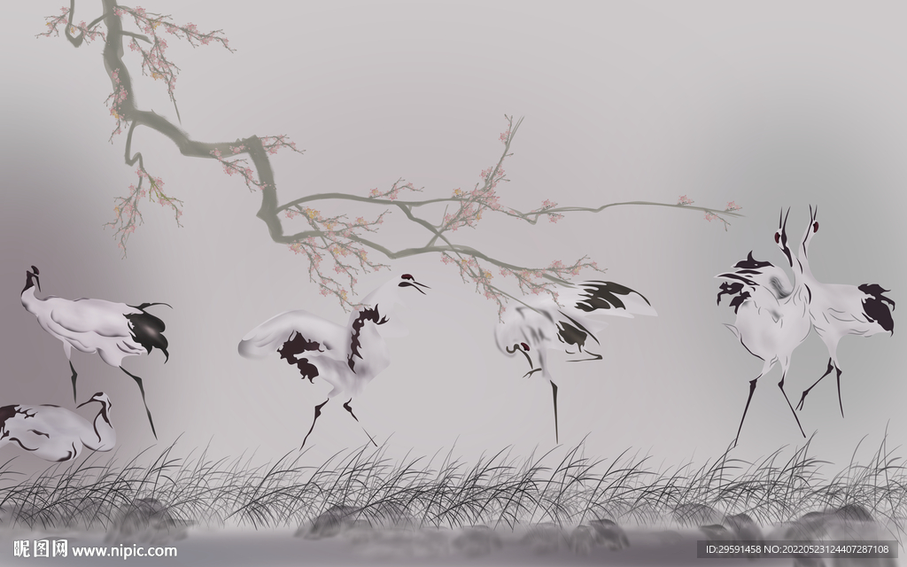 手绘湖泊仙鹤装饰画