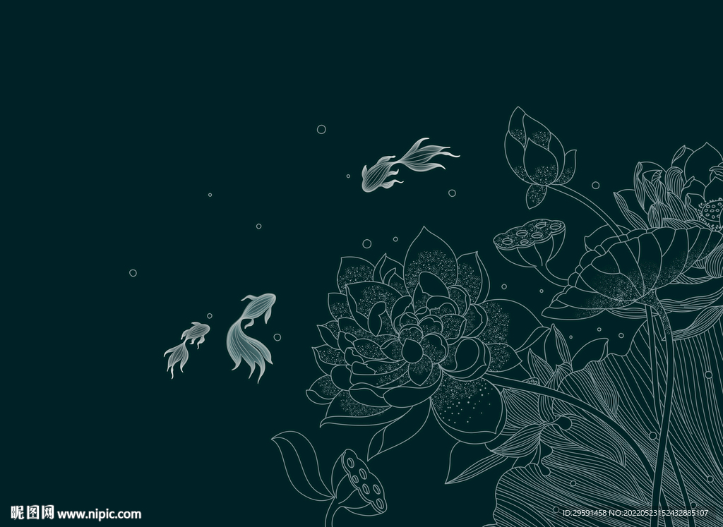 手绘线条荷花装饰画