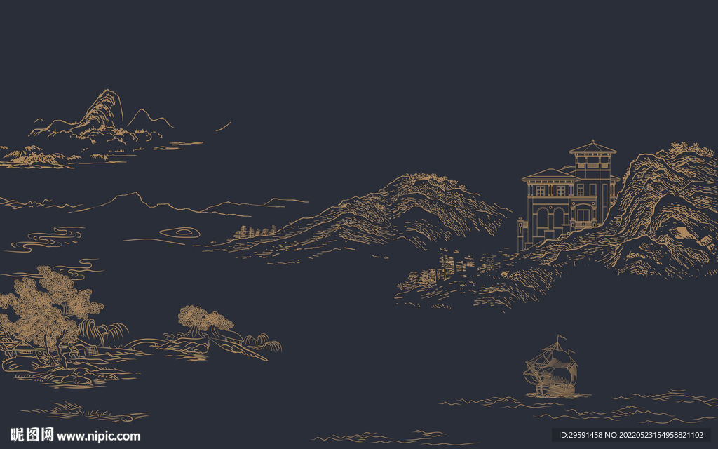 线条山水画背景墙