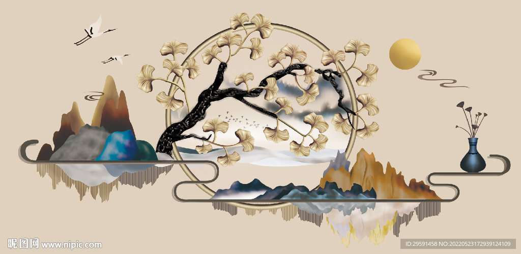 银杏山水画背景墙