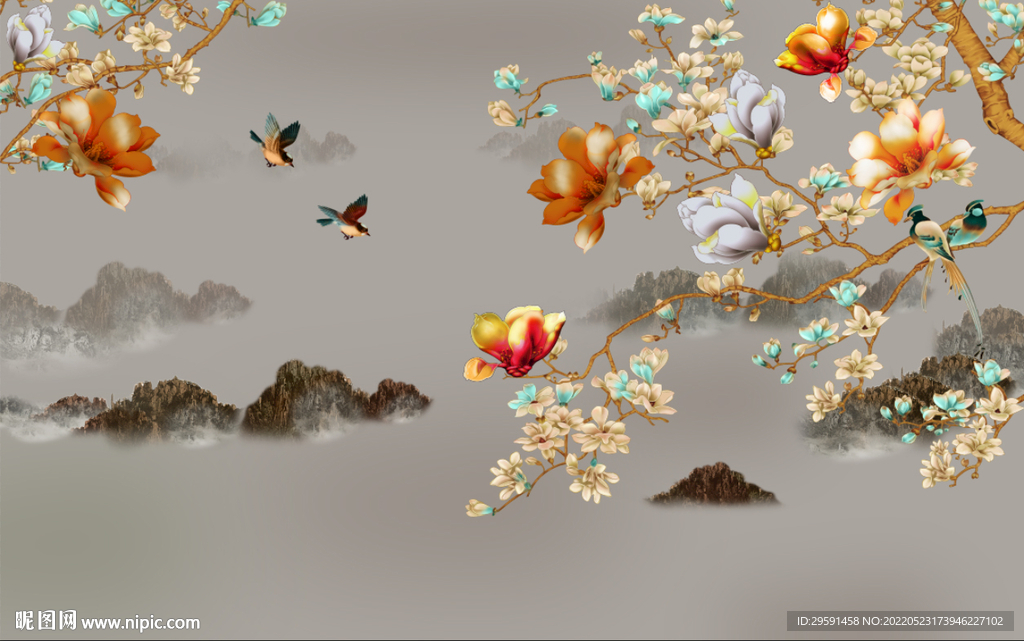 玉兰花鸟山水画