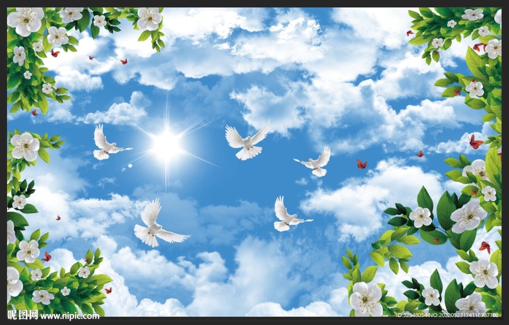 蓝天白云海鸥儿童房背景墙