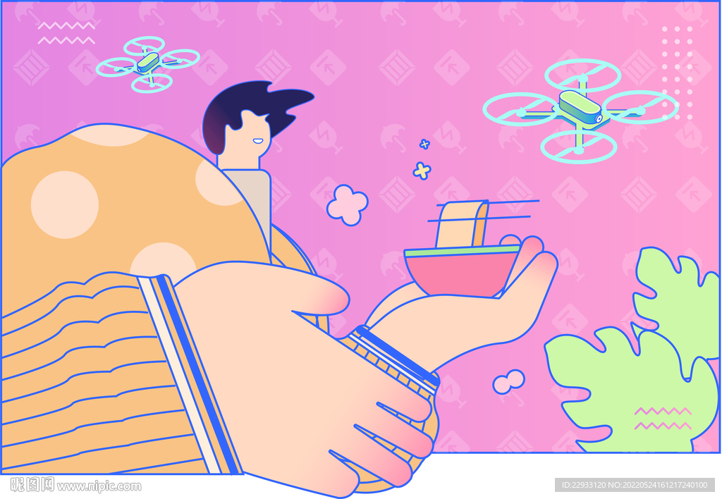 小头风插画男孩拿着碗