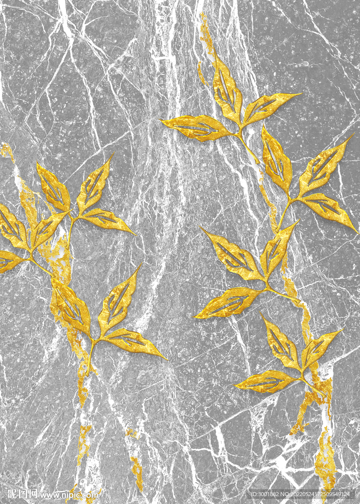 装饰画 金色花朵 大理石裂纹