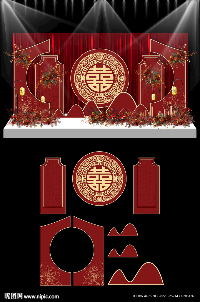 红色新中式婚礼KT板布置