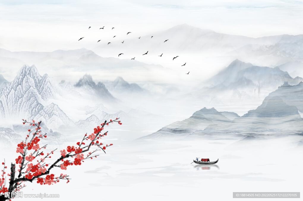 简约现代客厅梅花山水背景墙