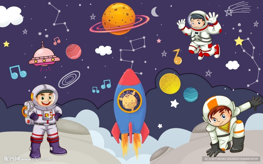 卡通太空环游儿童房背景墙图片
