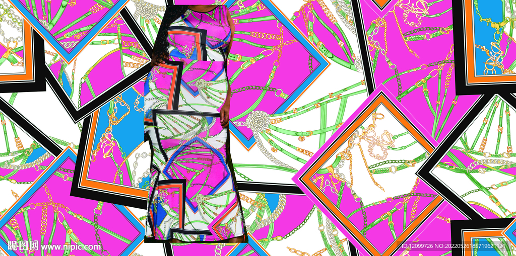 大牌抽象几何链条数码印花连衣裙