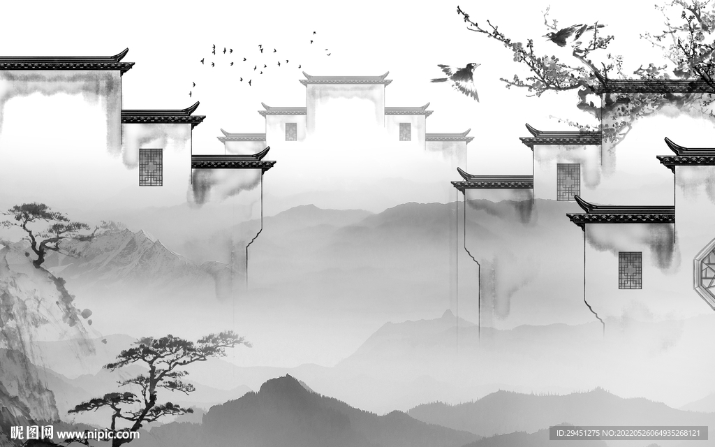 徽派 山水灰色墙画 tif分层