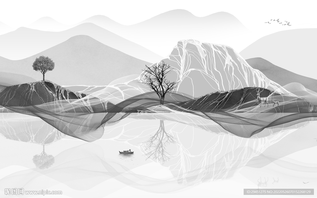 背景墙山水灰色墙画 tif分层