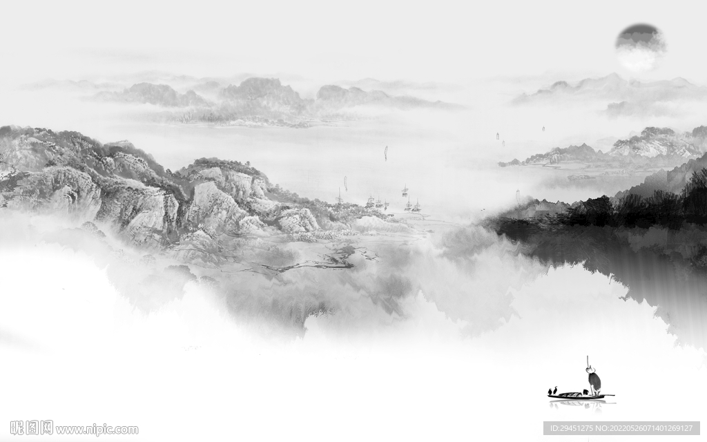最新 山水灰色墙画 tif分层