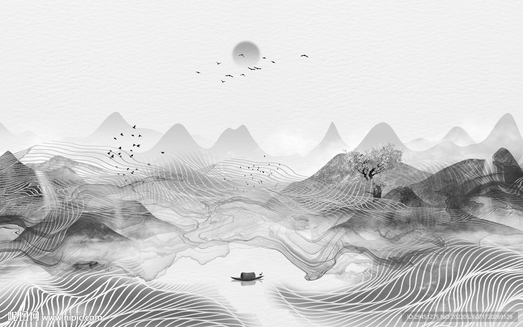 爆款山水灰色墙画 tif分层