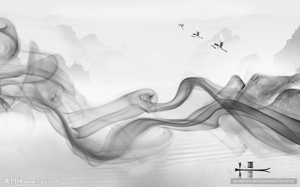 线条山水灰色墙画 tif分层