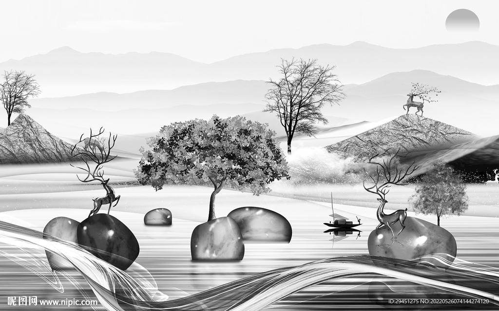 新品灰色背景山水 tif分层